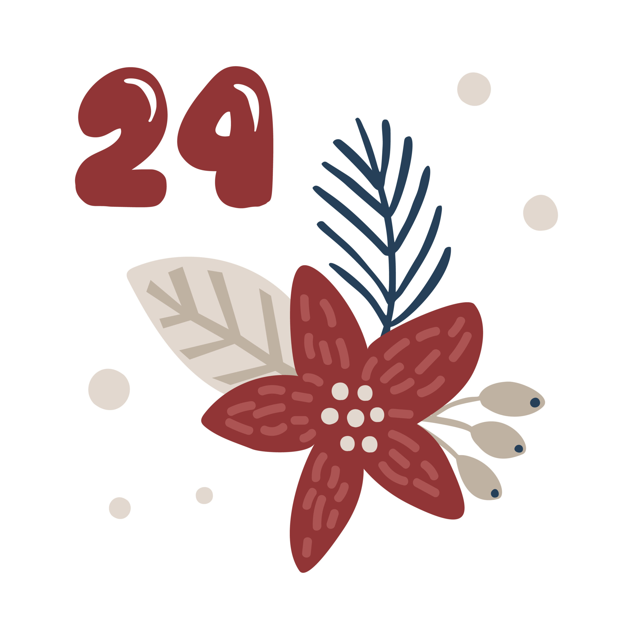 Christmas advent calendar with hand drawn flower mistletoe Poinsettia. Day twenty four 24. Scandinavian style poster. Cute winter illustration for card, poster, kid room decor, nursery art